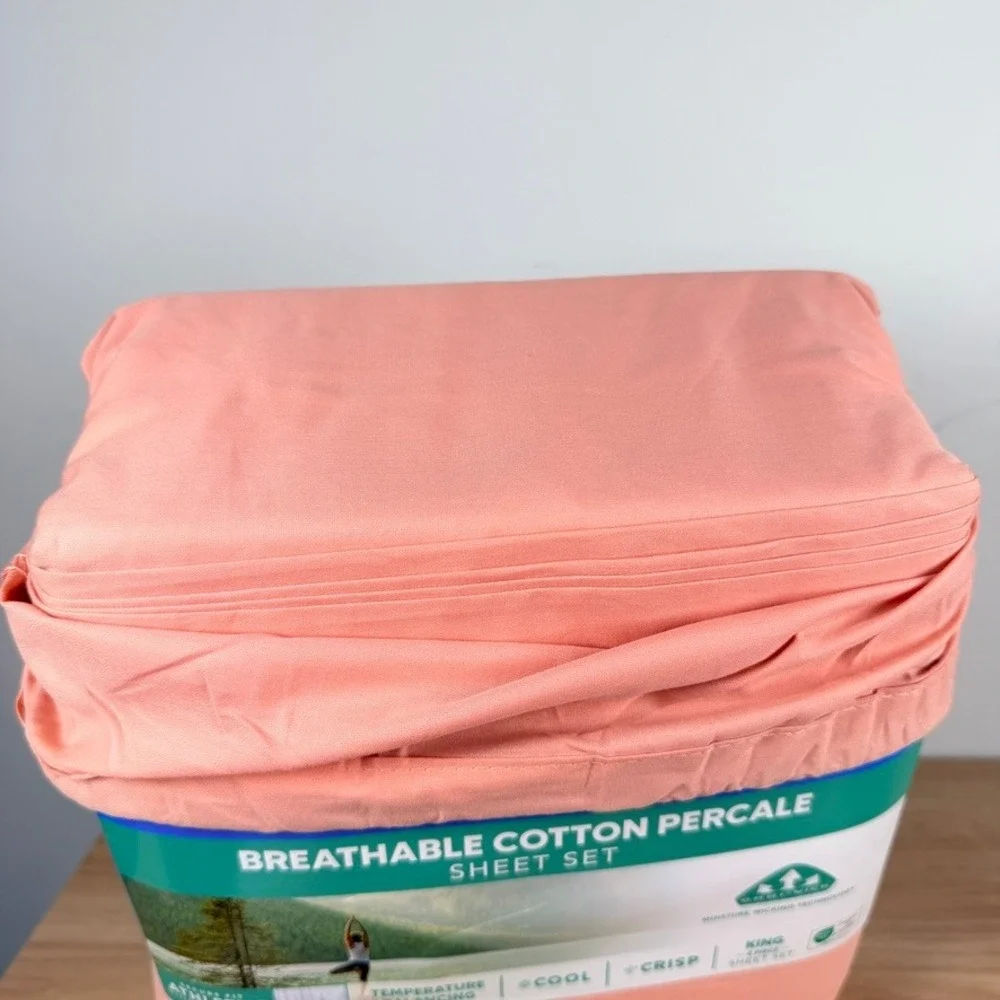 Columbia Breathable 100% Cotton Percale Sheet Set King Rose 4 Pc Omni-Wick NEW